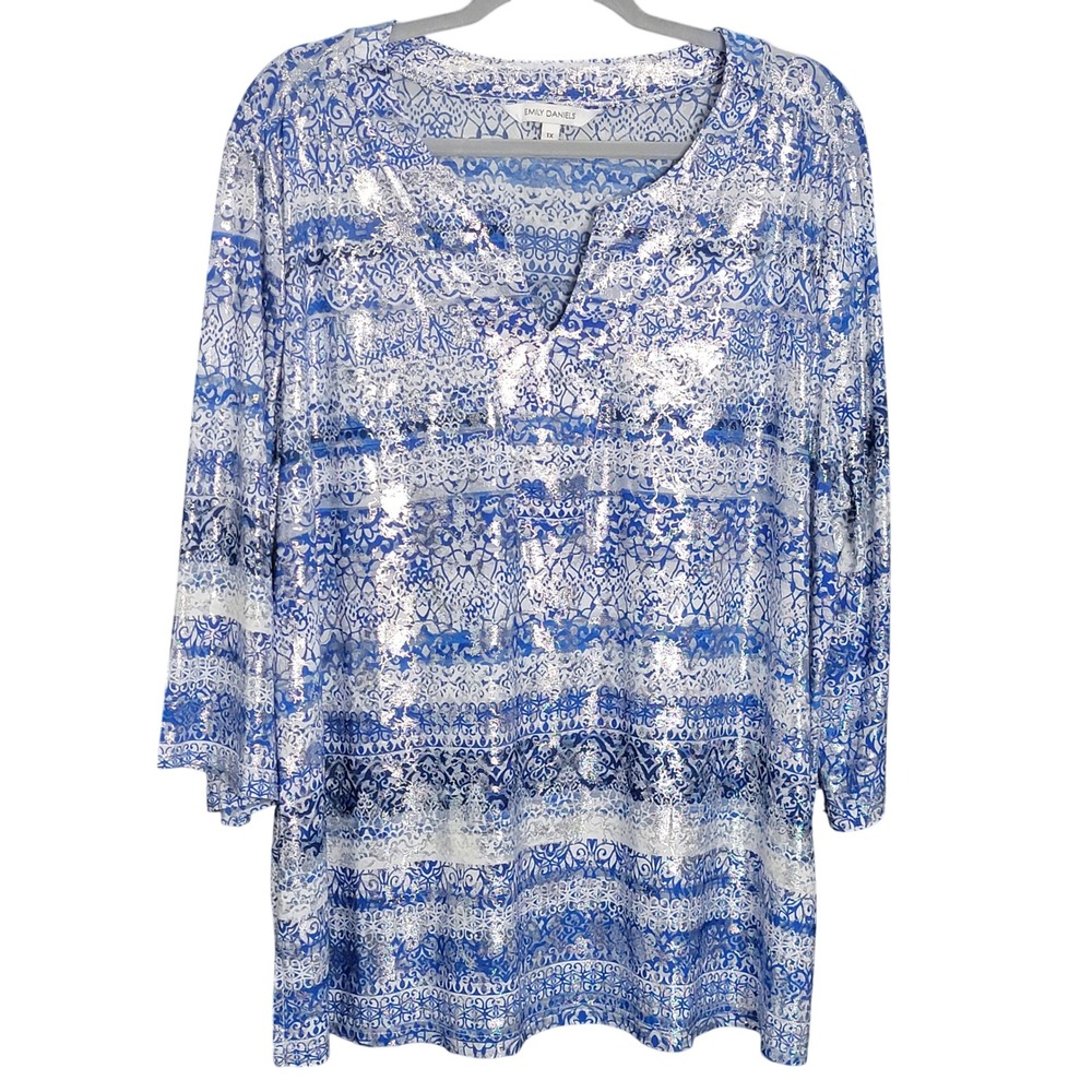 Emily Daniels Blue Silver Foil‎ Damask Tunic Top Womens 1X Boho Artsy Metallic